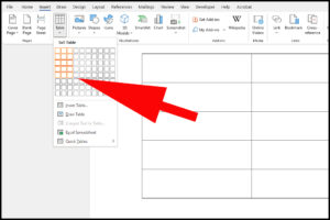 Image showing how to choose rows and columns when creating a table in Office 365