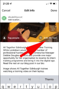 image showing how to find alternative text button in instagram
