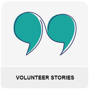 Link to volunteer stories. Image shows apostrophies above text volunteer stories