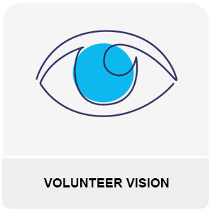 Link to volunteer with us page showing speech bubble containing words volunteer with us