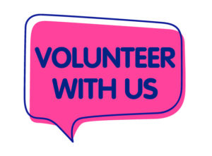 Image representing volunteering with DIS. It shows a speech bubble with volunteer with us written in it