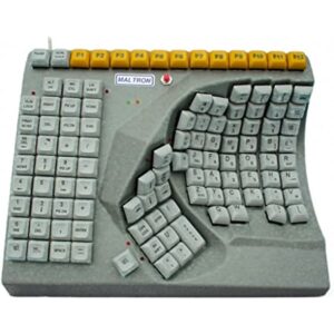 Image shows the Maltron one handed keyboard where they keys are stacked together to facilitate one handed typing