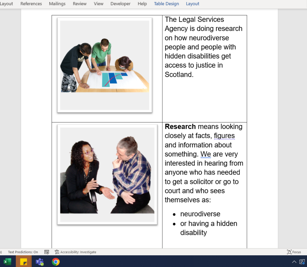 Image shows an example of an easy read document with 2 images depicting people talking alongside text which explains that a survey is being done
