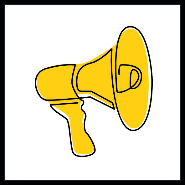 a graphical representation of a loudhailer in yellow against a white background