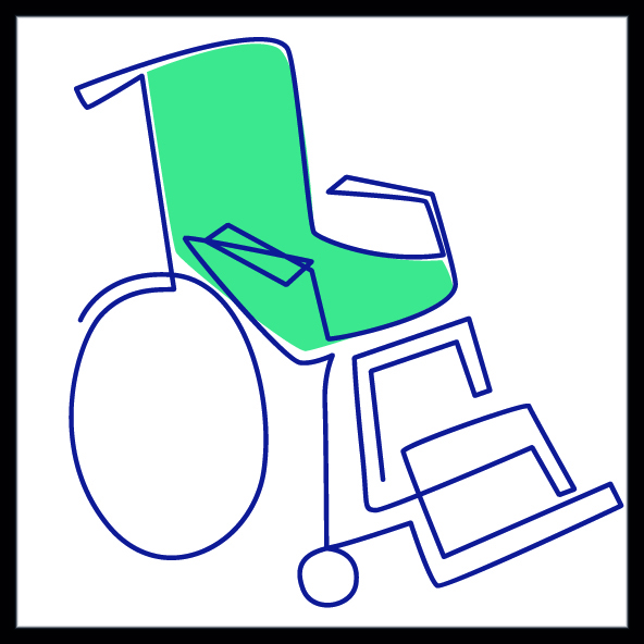 a graphic representing a wheelchair with a green seat