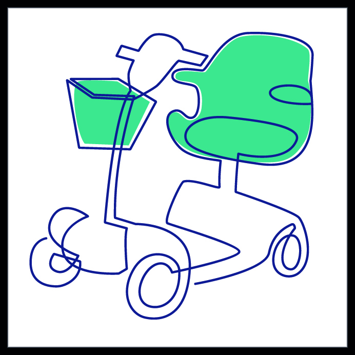 a graphical representation of a powered wheelchair on a white background