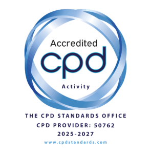 Logo for CPD accreditation featuring concentric blue rings and text Accredited CPD activity as well as our organisational number